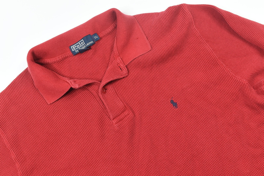 Vintage Polo Ralph Lauren Waffle Knit Polo Shirt Mens XL Red Long Sleeve Cotton